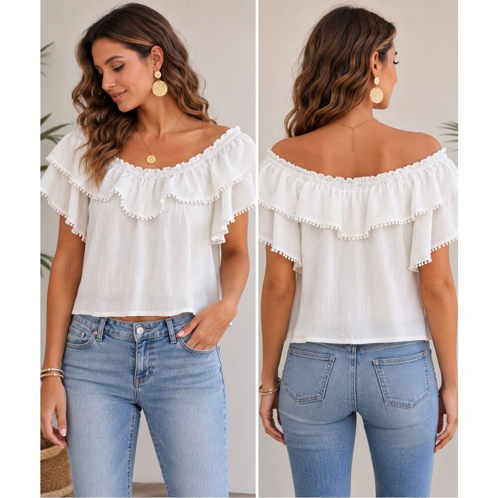 Etiquette White Off Shoulder Cotton Ruffle Blouse Peasant Boho Top Size M
